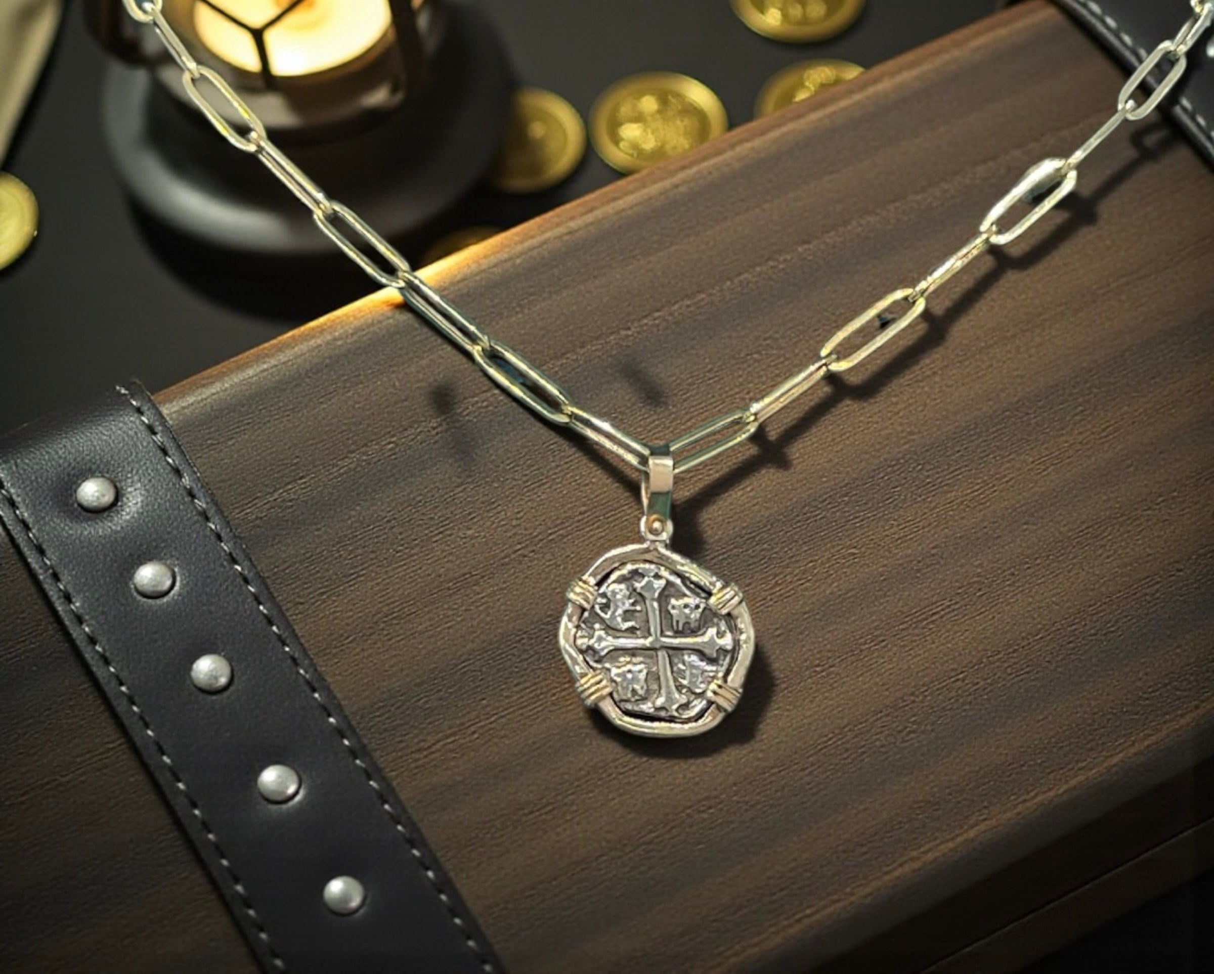 BEAUTIFUL HANDMADE RECREATION OF ATOCHA MINI SILVER COIN PENDANT IN 14KT REAL GOLD GOLD BEZEL