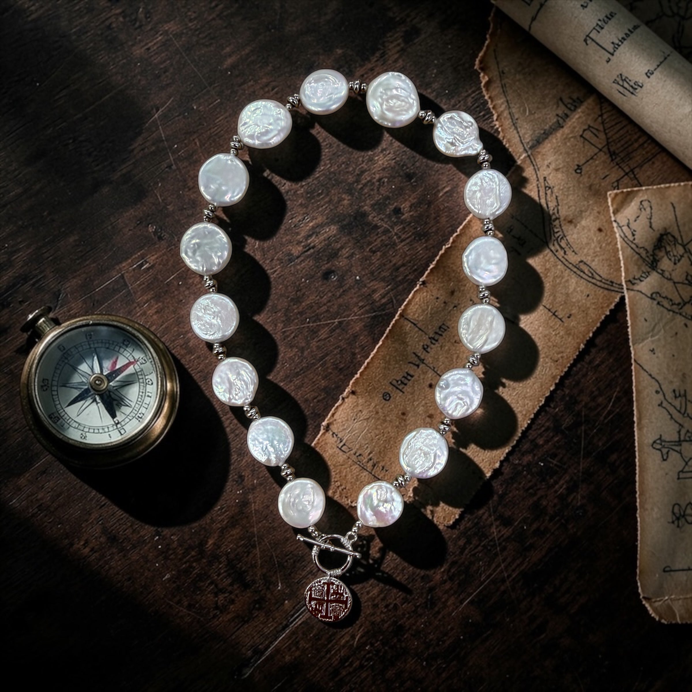 Coin Pearl Toggle Necklace: Atocha Sterling Silver Charm, 925 sterling silver