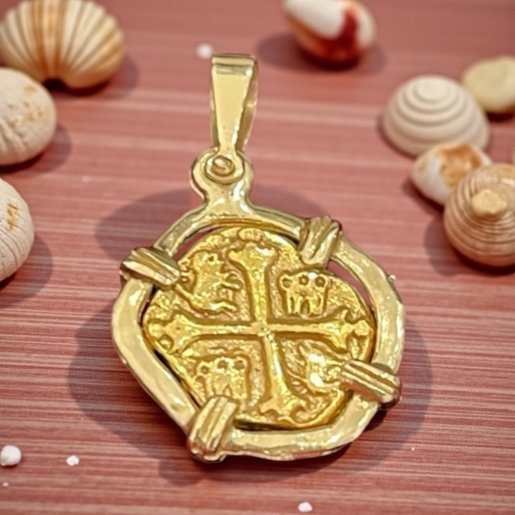 MUSEUM QUALITY RECREATION OF ATOCHA SHIPWRECK GOLD COIN PENDANT HANDMADE WITH 14k REAL SOLID GOLD
