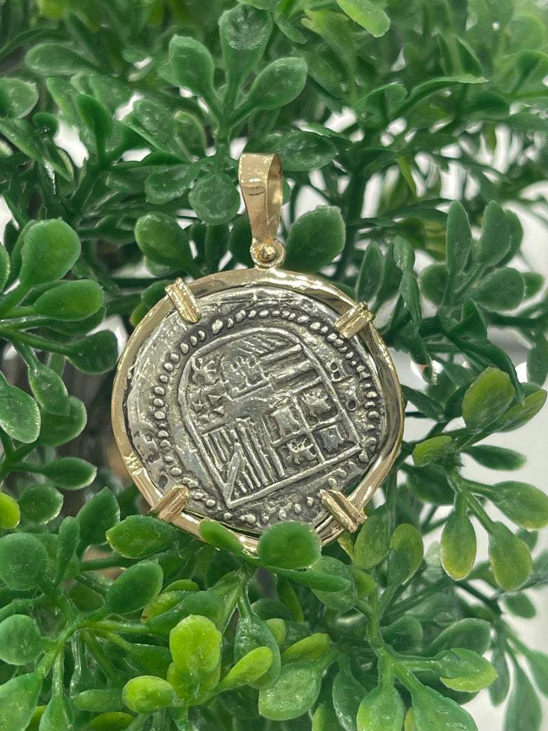 ATOCHA SILVER COIN PENDANT IN 14K REAL SOLID GOLD BEZEL HANDMADE FROM ATOCHA SILVER