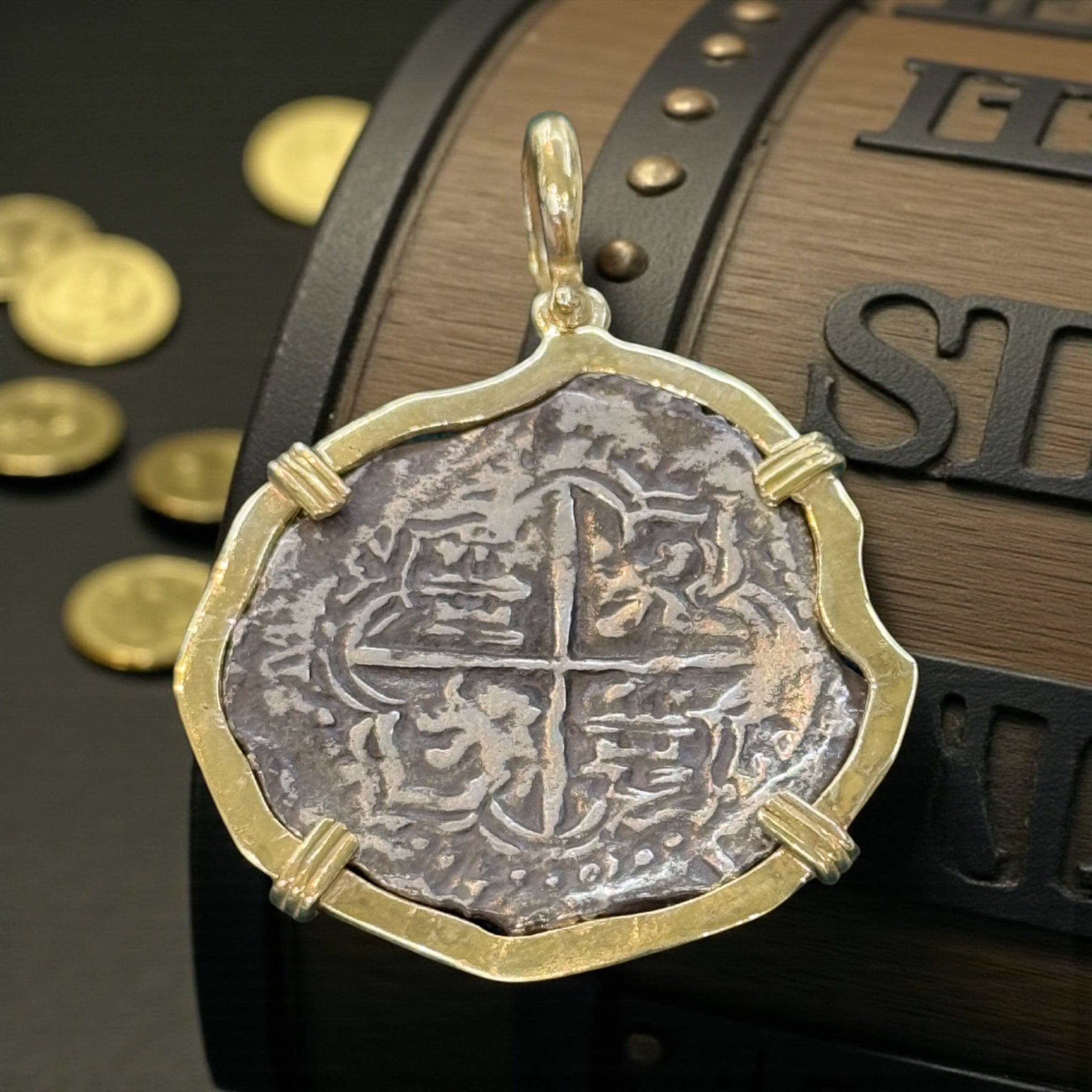 ATOCHA SILVER COIN PENDANT IN 14K REAL SOLID GOLD BEZEL 8 REALE SIZE HANDMADE FROM ATOCHA SILVER