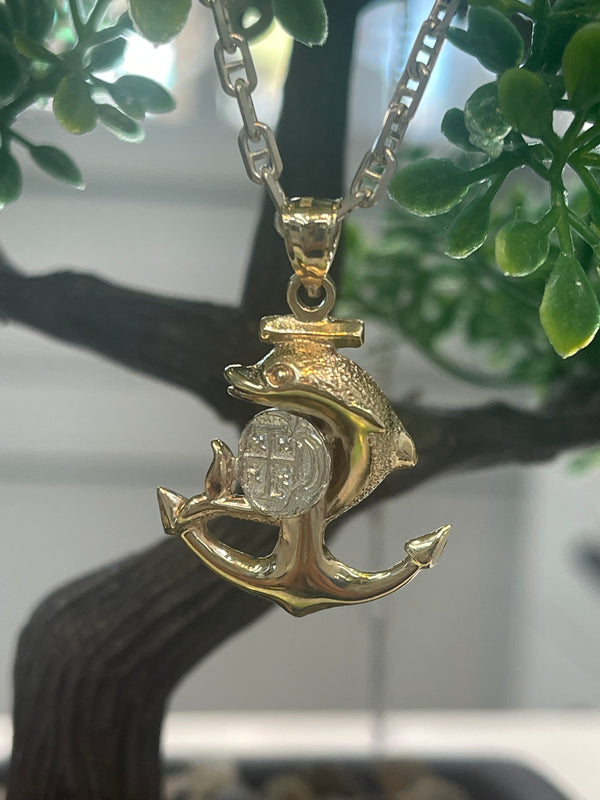 NUESTRA SENORA DE ATOCHA MINI SILVER COIN PENDANT IN 10K REAL GOLD ANCHOR FISH