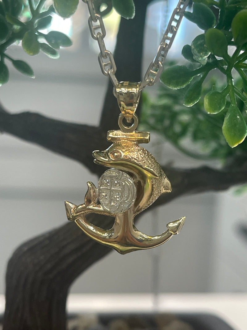 NUESTRA SENORA DE ATOCHA MINI SILVER COIN PENDANT IN 10K REAL GOLD ANCHOR FISH