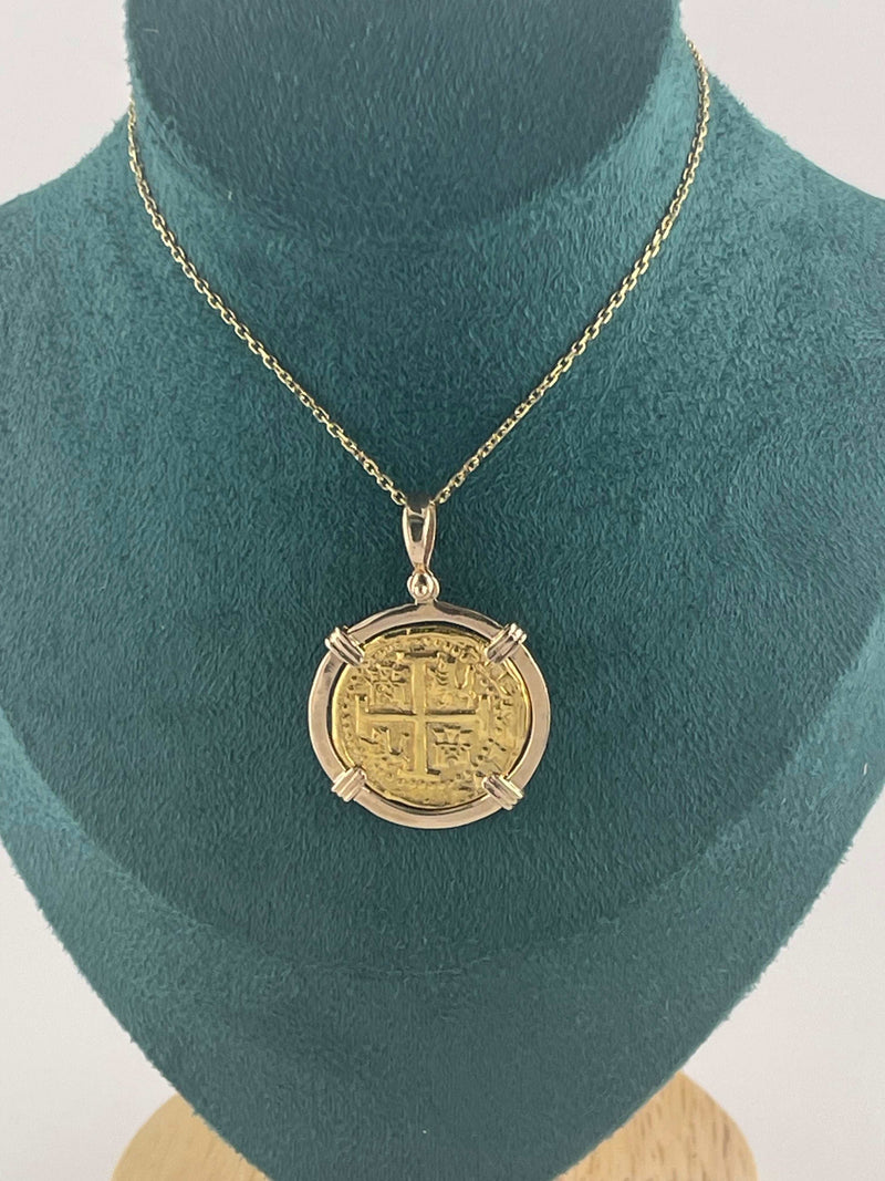 14K SOLID GOLD ATOCHA COIN PENDANT WITH 14K REAL GOLD MINI CHAIN 20”