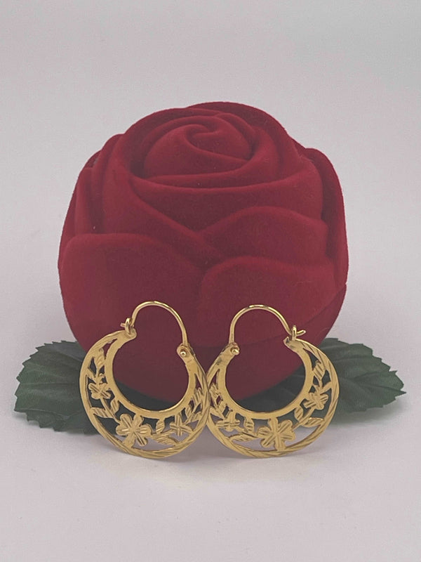 14K REAL GOLD HANDMADE FLOWER CUBAN HOOP EARRINGS QUARTER SIZE