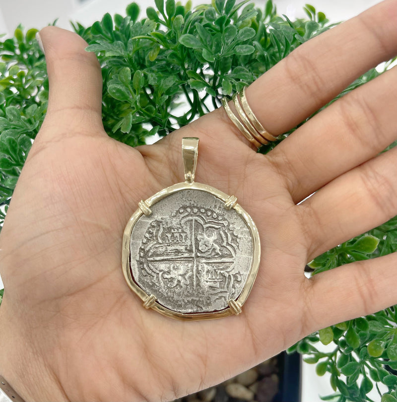 NUESTRA SENORA DE ATOCHA SILVER COIN PENDANT IN 14K REAL SOLID GOLD BEZEL 8 REALE SIZE HANDMADE FROM ATOCHA SILVER