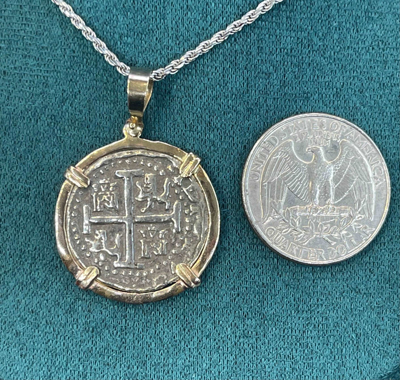 NUESTRA SENORA DE ATOCHA SILVER COIN PENDANT IN 14KT SOLID GOLD BEZEL