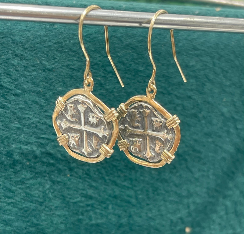 ATOCHA SILVER COIN HOOK DANGLE EARRINGS IN 14k GOLD BEZEL AND 14K GOLD HOOK