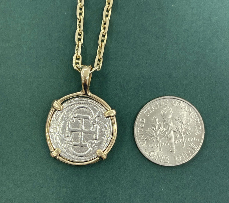 NUESTRA SENORA DE ATOCHA  SILVER DIME SIZE COIN PENDANT MADE FROM ATOCHA SILVER IN 14KT SOLID GOLD BEZEL