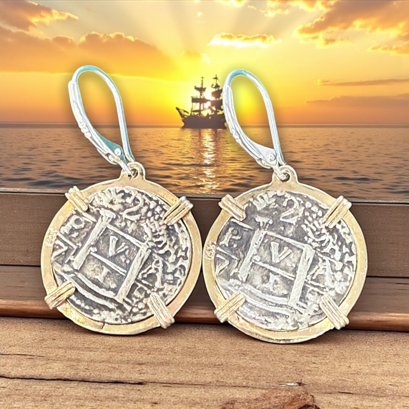 HANDMADE ATOCHA SILVER COIN EARRINGS IN 14k GOLD BEZEL