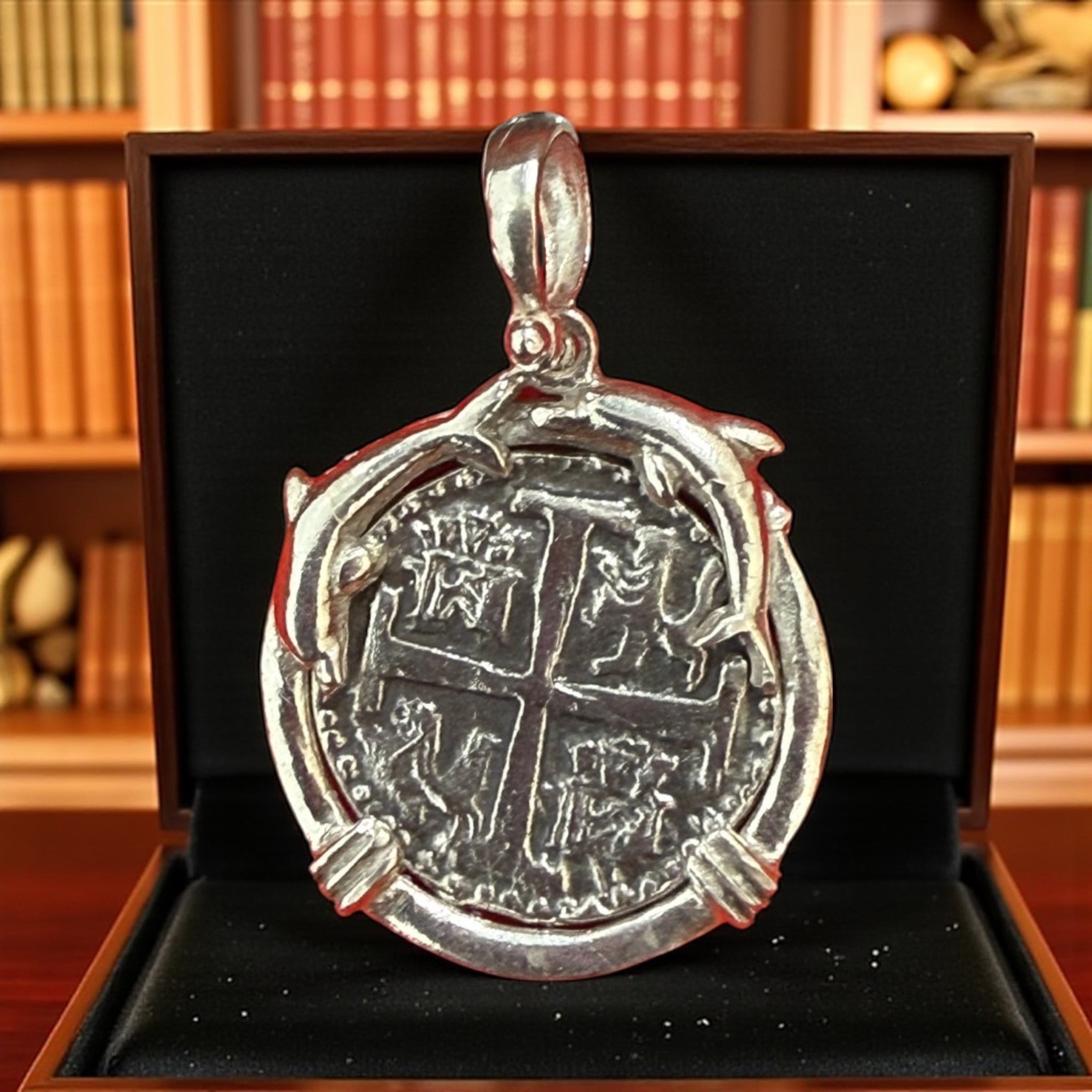 Atocha Shipwreck Treasure Mel fisher silver mini coin pendant on dolphin