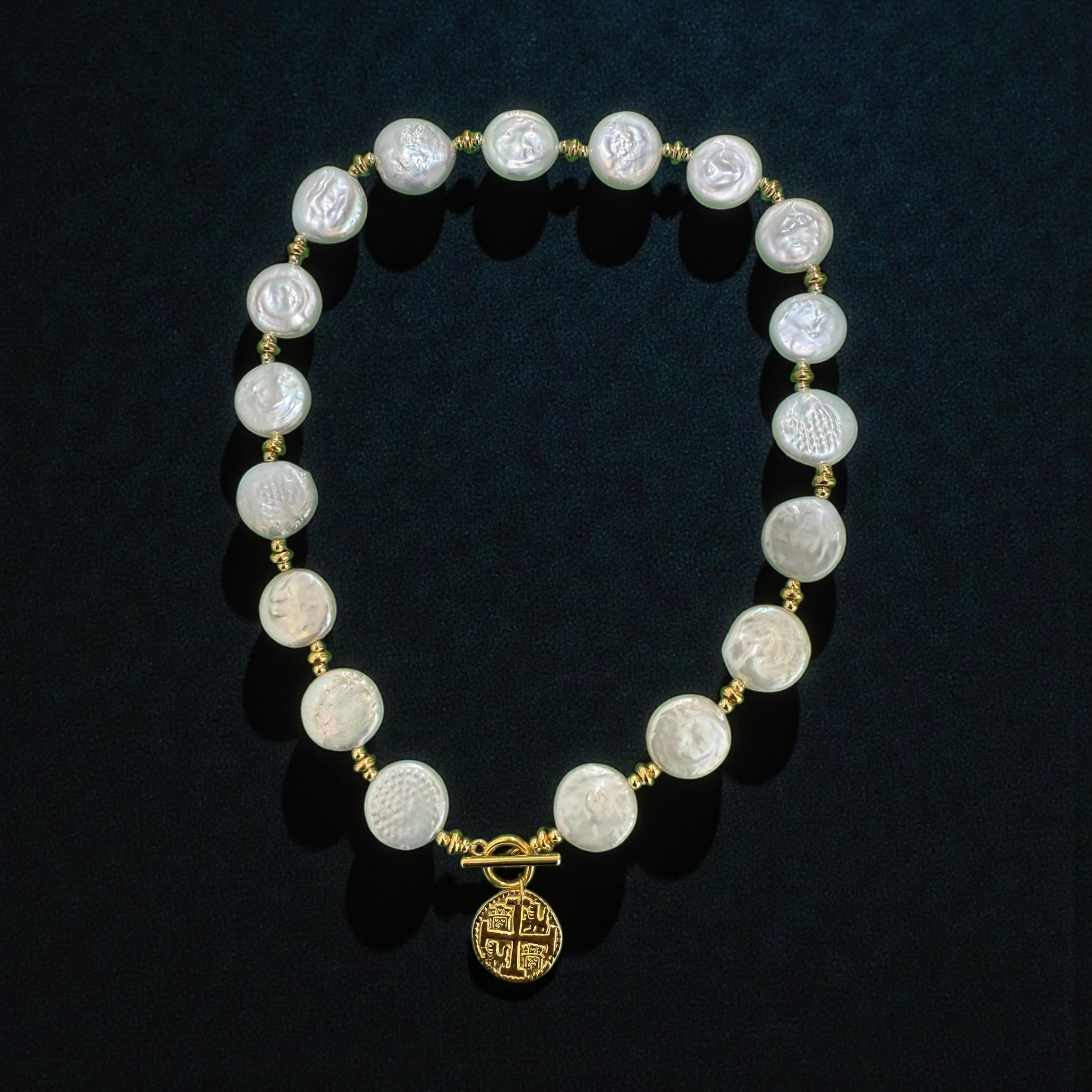Beautiful Coin Pearl toggle necklace on atocha silver coin charm 18”