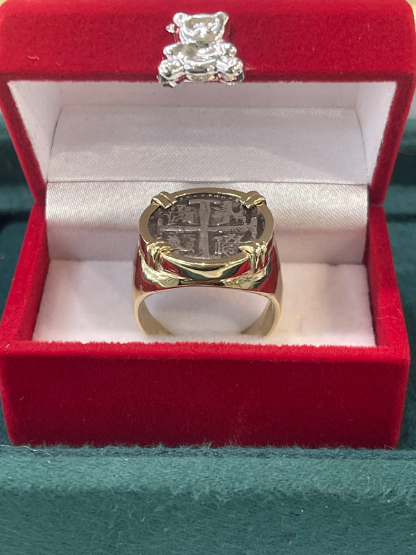 NUESTRA SENORA DE ATOCHA SILVER COIN RING IN 14k SOLID REAL GOLD BEZEL AND BAND