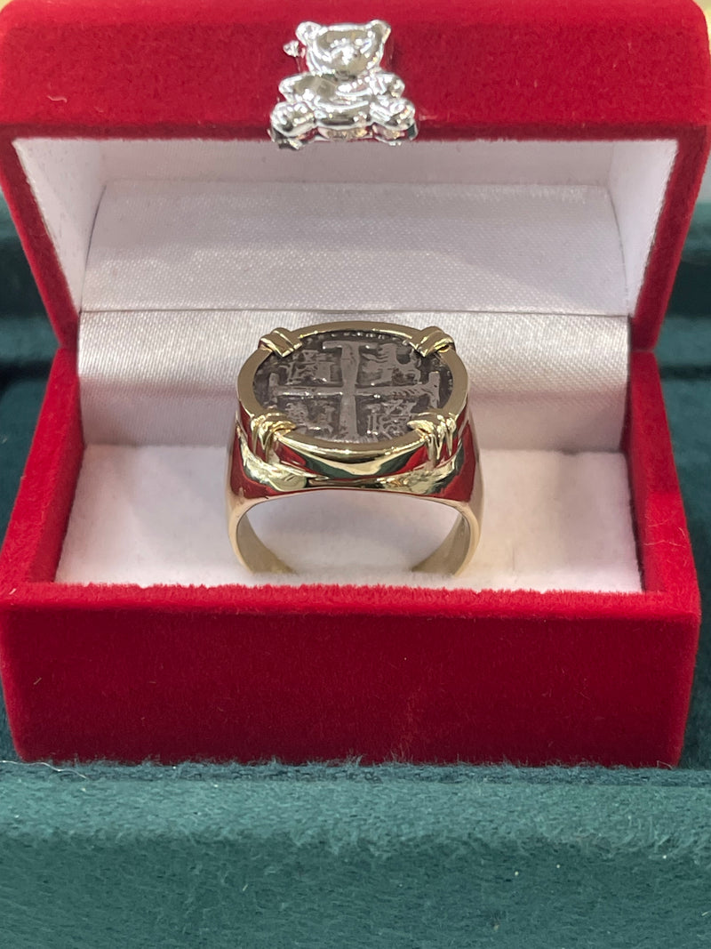 NUESTRA SENORA DE ATOCHA SILVER COIN RING IN 14k SOLID REAL GOLD BEZEL AND BAND