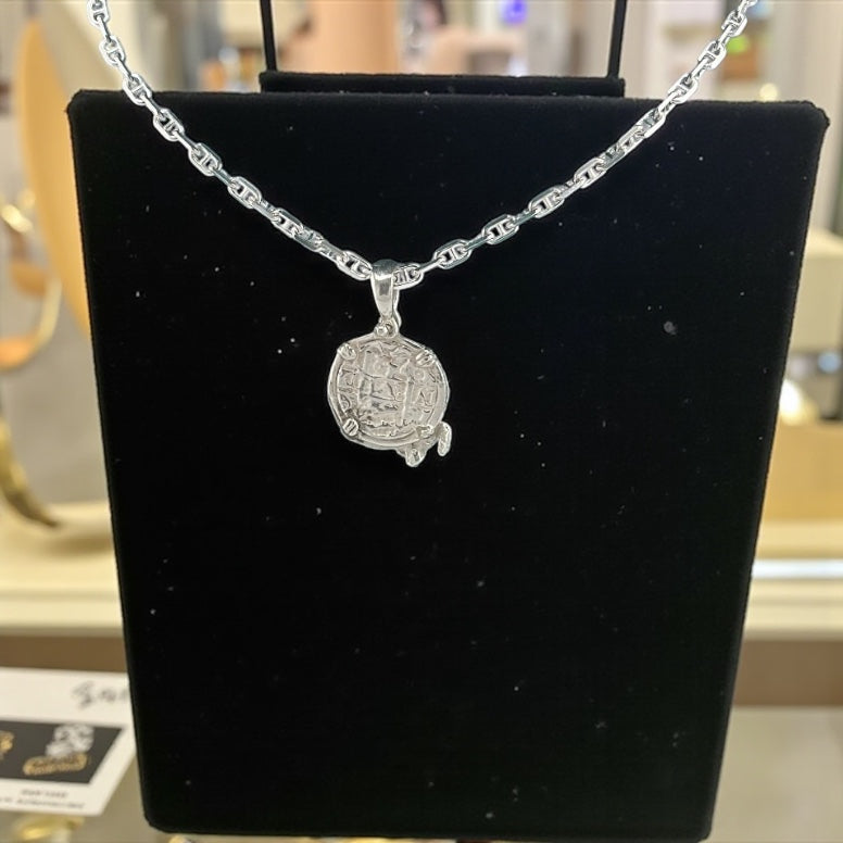 NUESTRA SENORA DE ATOCHA SOLID SILVER COIN PENDANT WITH TURTLE