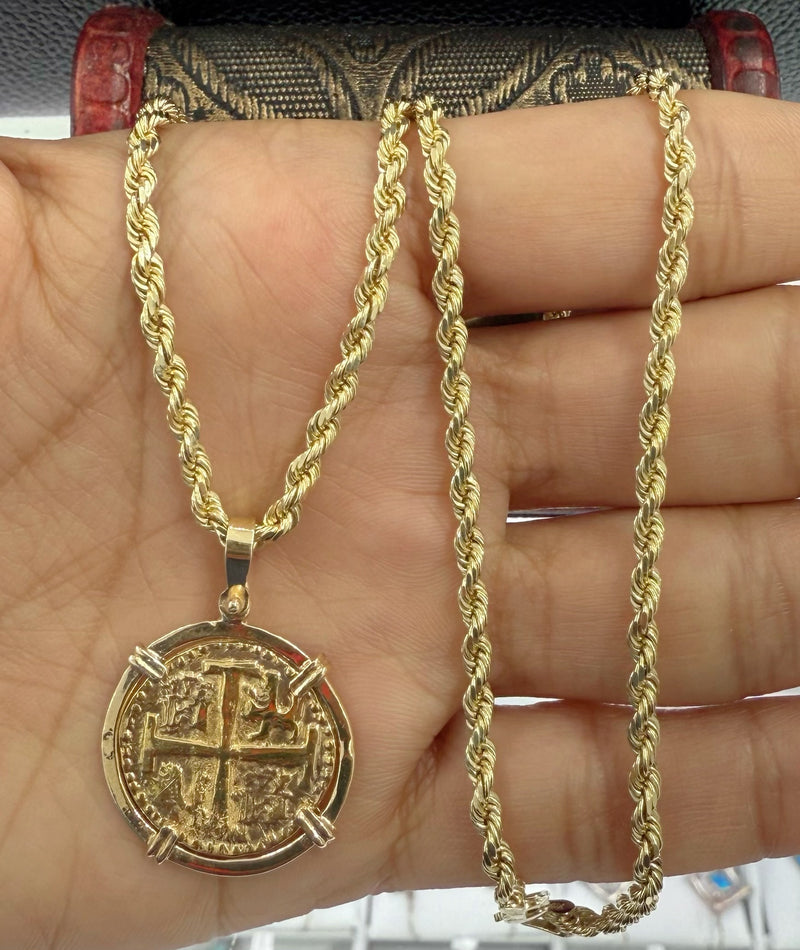 14k solid real gold atocha coin pendant with 14k solid real gold rope chain
