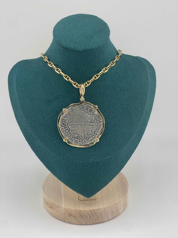 NUESTRA SENORA DE ATOCHA SOLID LARGE SIZE SILVER COIN PENDANT IN 14KT SOLID GOLD BEZEL