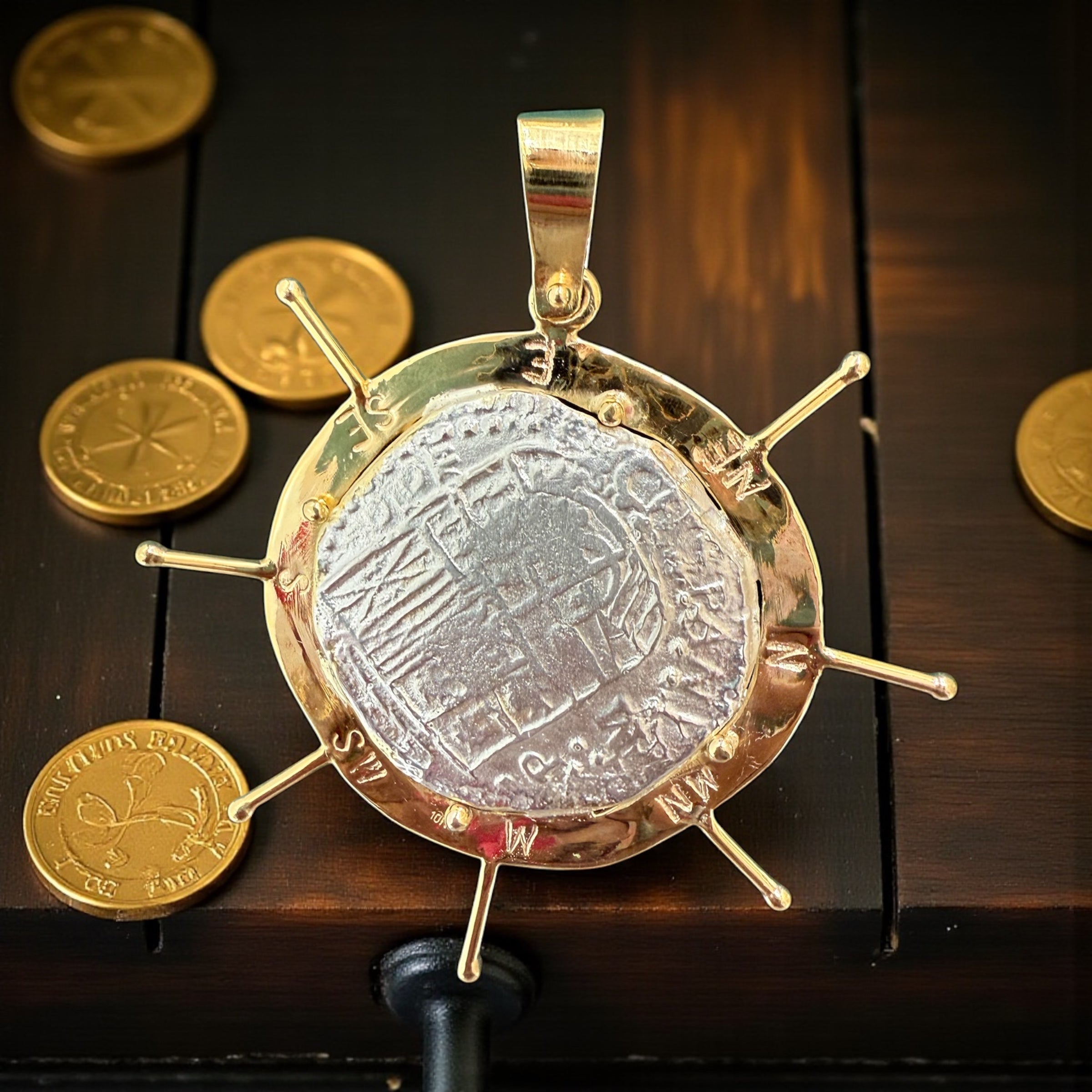 ATOCHA LARGE SILVER COIN PENDANT IN 10KT REAL GOLD SHIP’s WHEEL SETTING