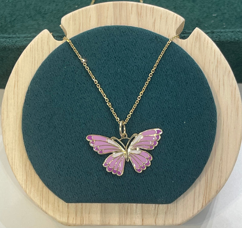 PINK BUTTERFLY 14K GOLD PENDANT WITH 14K GOLD CHAIN