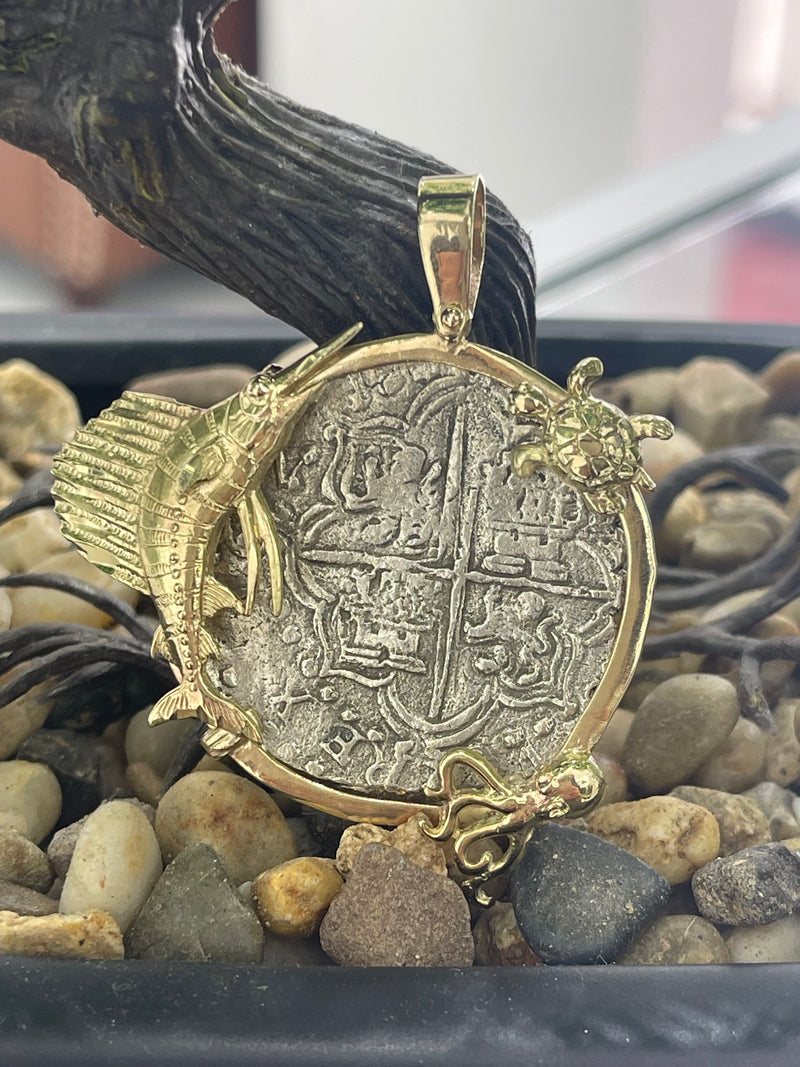 NUESTRA SENORA DE ATOCHA SILVER COIN PENDANT IN 14K REAL SOLID GOLD FISH 🐟 OCTOPUS 🐙 AND TURTLE 🐢 BEZEL