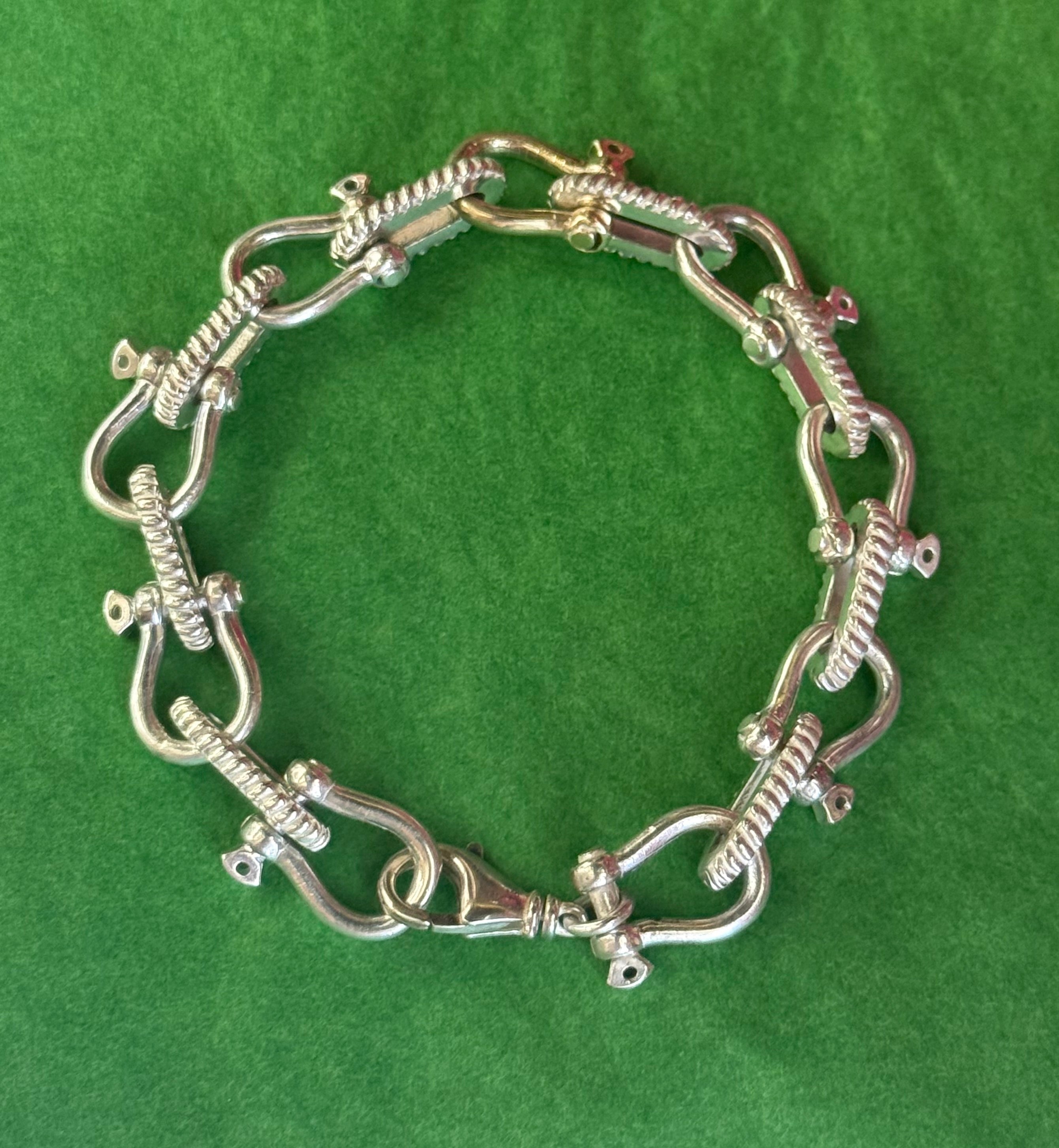 925 ITALIAN SOLID STERLING SILVER HANDMADE HEAVY SHACKLE BRACELET 11MM WITH 1 SINGLE CENTRE 10K SOLID GOLD SHACKLE LINK