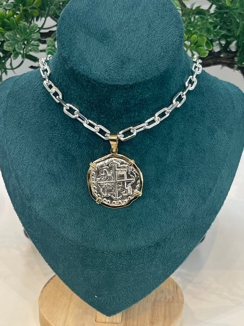 NUESTRA SENORA DE ATOCHA SOLID SILVER COIN PENDANT IN 14KT SOLID GOLD BEZEL