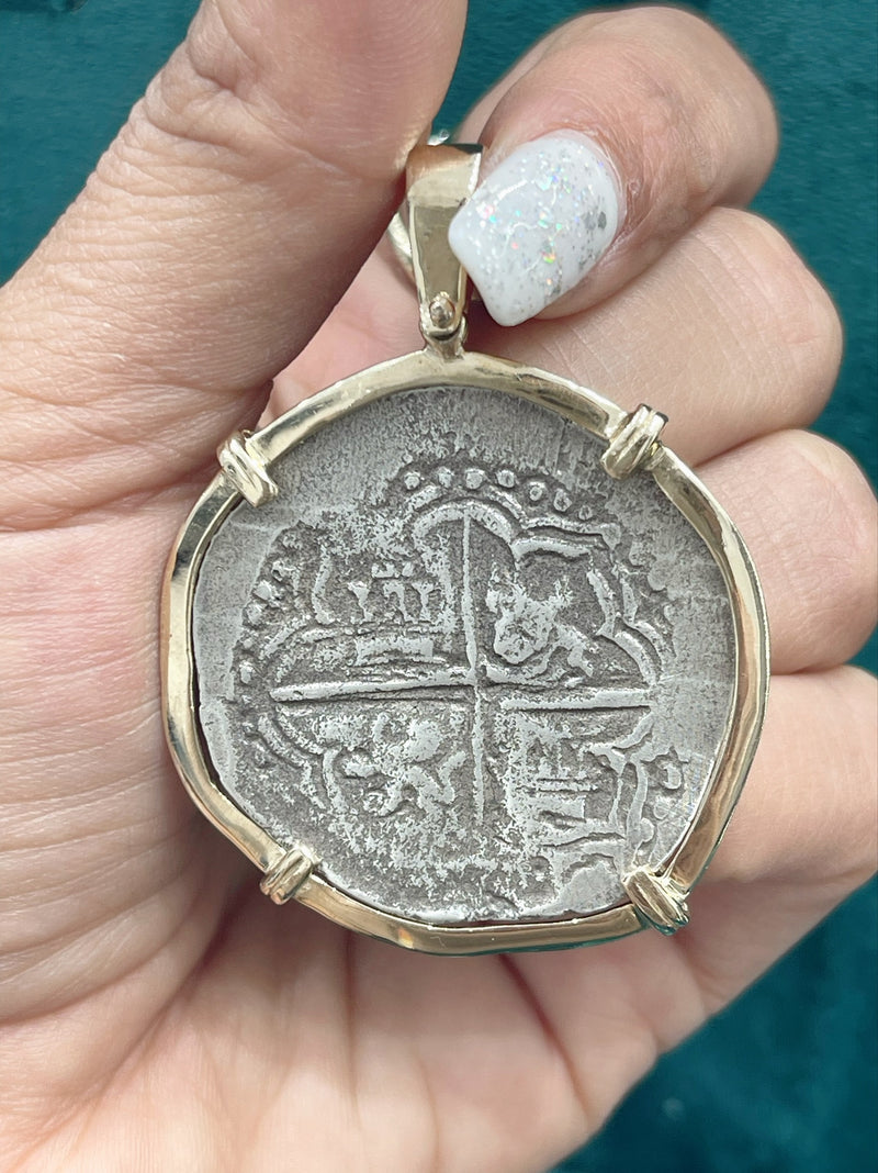 NUESTRA SENORA DE ATOCHA SILVER COIN PENDANT IN 14K REAL SOLID GOLD BEZEL 8 REALE SIZE HANDMADE FROM ATOCHA SILVER