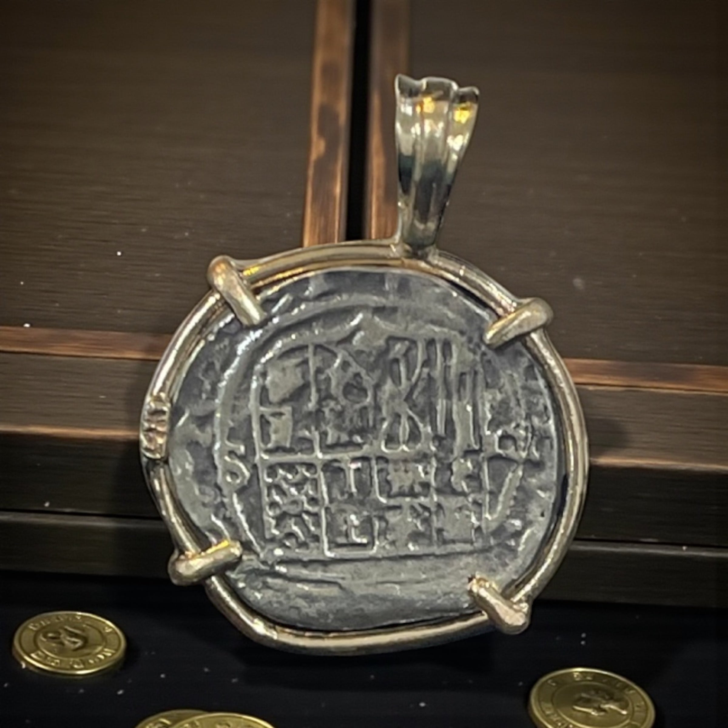 NUESTRA SENORA DE ATOCHA SILVER COIN PENDANT IN 14KT SOLID GOLD BEZEL HANDMADE WITH ATOCHA SILVER