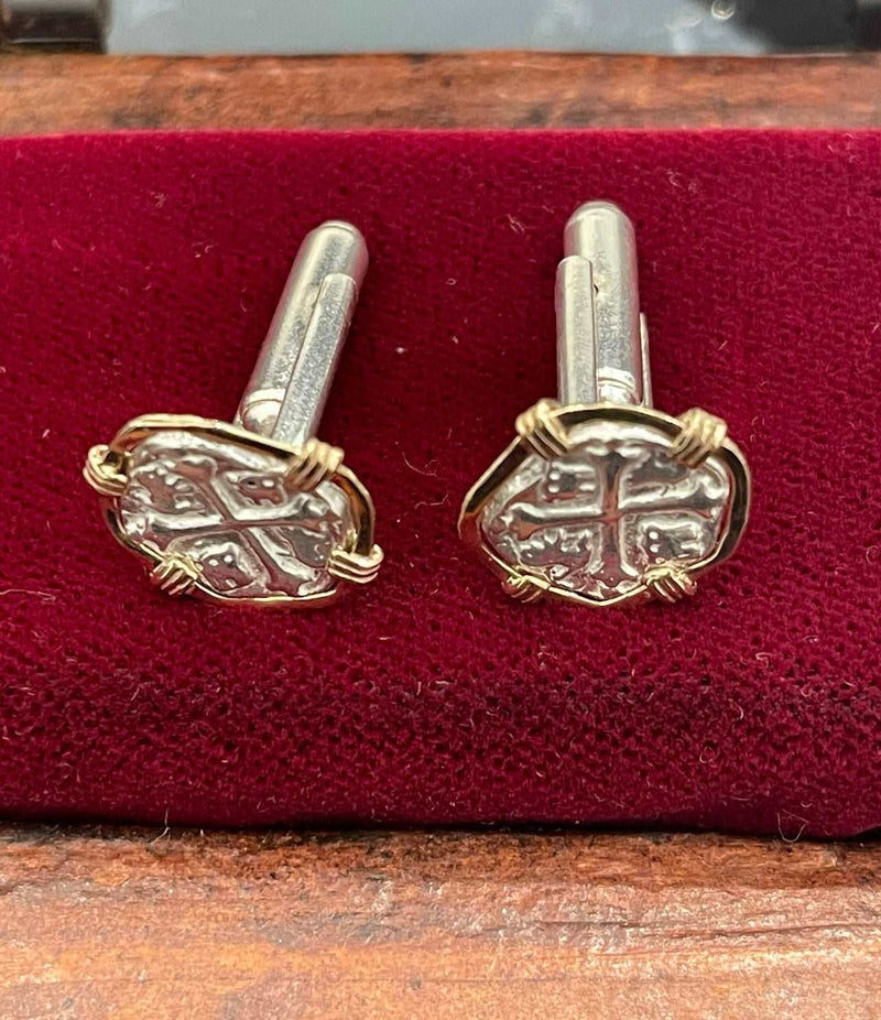 Atocha shipwreck coin Cufflinks in 14k solid gold bezel 925 solid sterling silver made from atocha silver bars