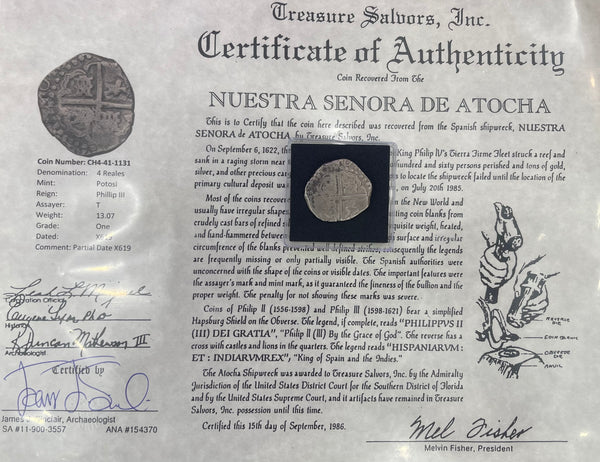 ACTUAL COIN NUESTRA SENORA DE ATOCHA SILVER COIN 4 REALES GRADE 1 PARTIAL DATED X619 COIN