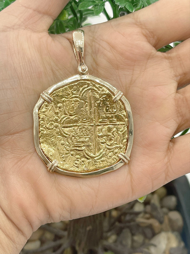 MUSEUM QUALITY RECREATION OF ATOCHA SHIPWRECK GOLD COIN PENDANT HANDMADE WITH 14k REAL HEAVY SOLID GOLD