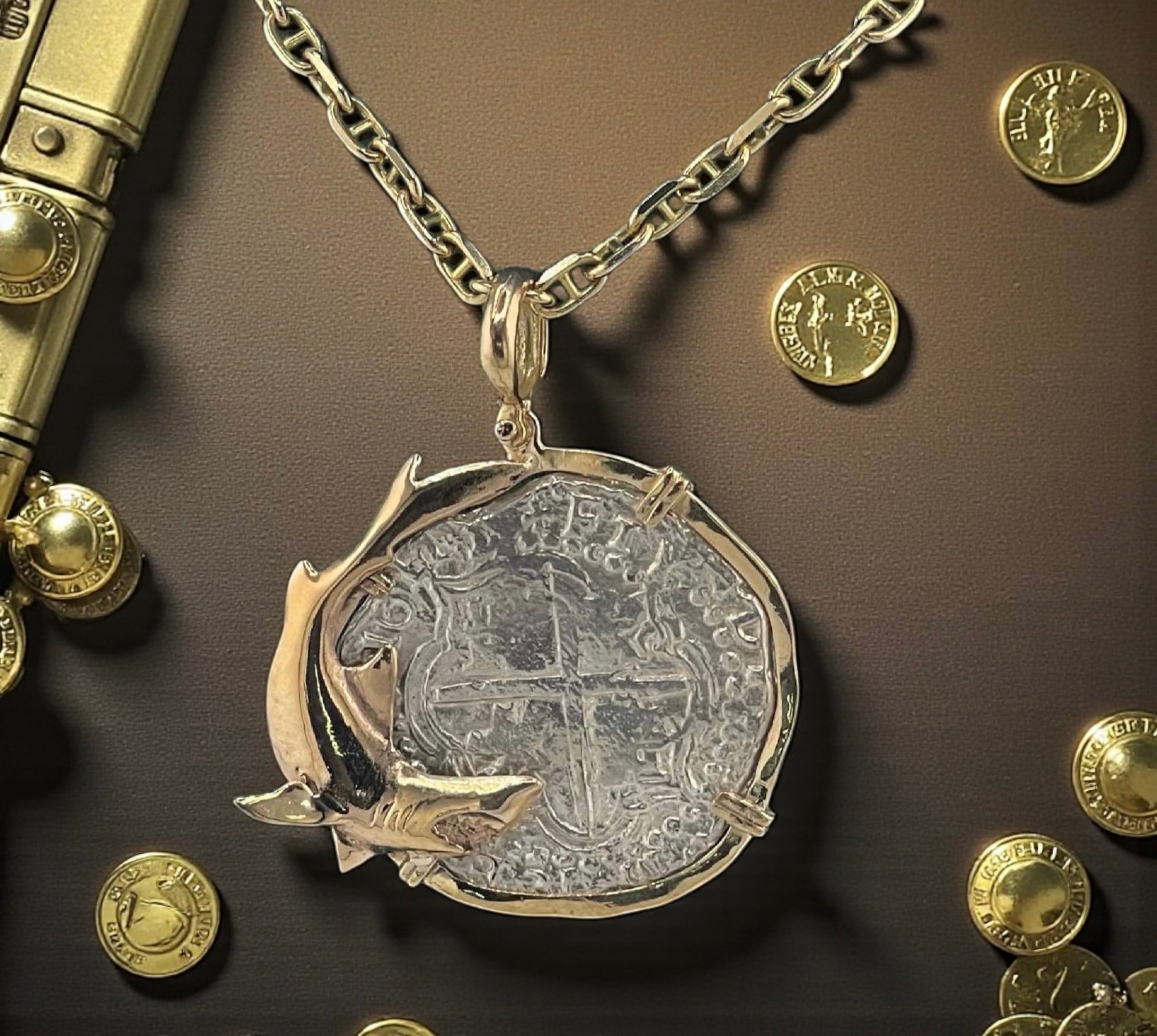 NUESTRA SENORA DE ATOCHA SOLID LARGE SILVER COIN PENDANT IN 14KT SOLID GOLD FISH BEZEL