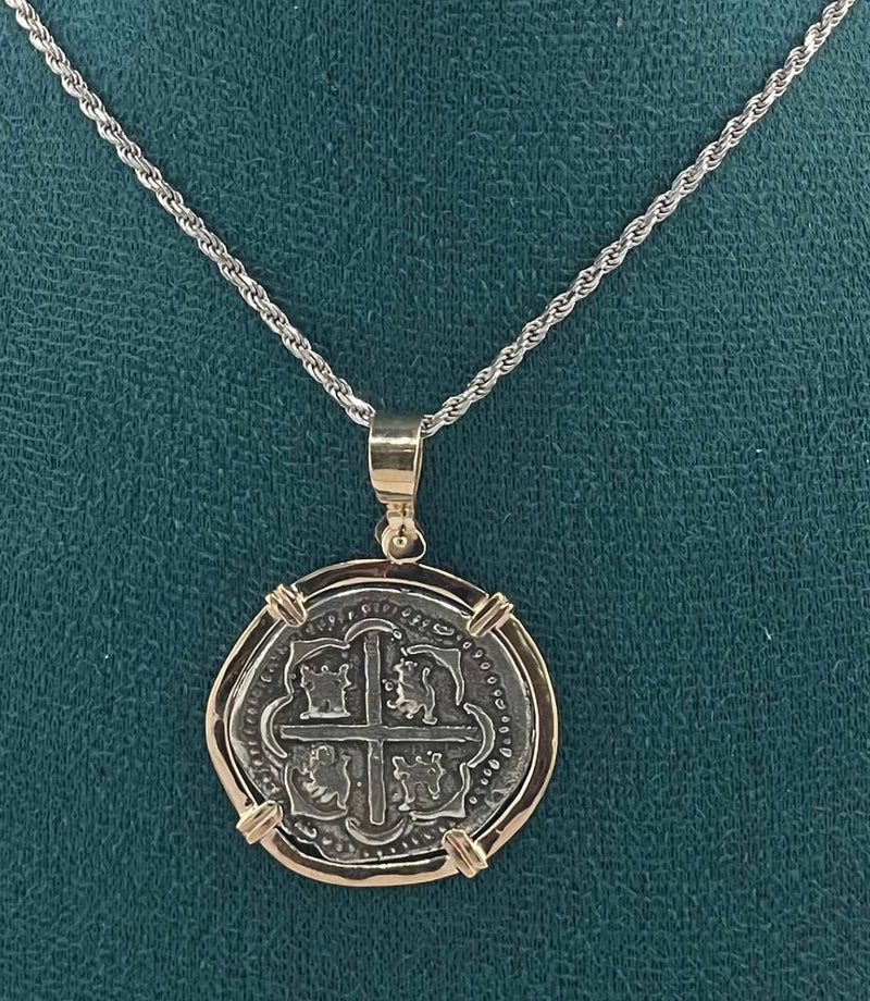 NUESTRA SENORA DE ATOCHA SILVER COIN PENDANT IN 14KT SOLID GOLD BEZEL