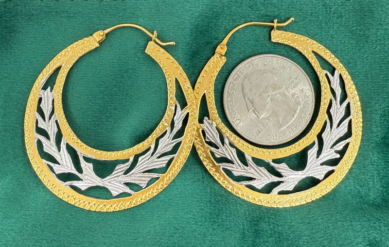 14K REAL GOLD HANDMADE JUMBO CUBAN HOOP EARRINGS TWO TONE