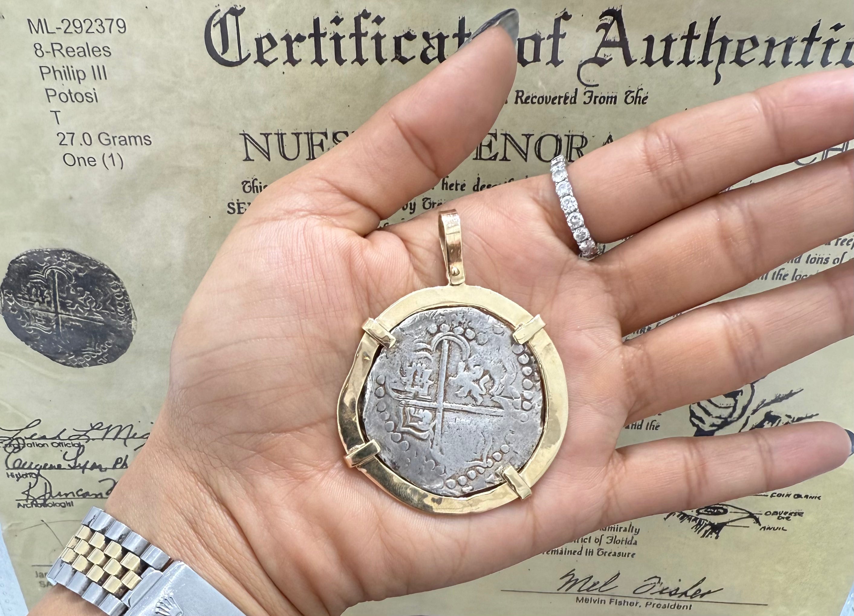 ACTUAL COIN NUESTRA SENORA DE ATOCHA SILVER COIN 8 REALE GRADE 1 COIN NO ML-292379 BEZELED WITH 14k SOLID REAL GOLD