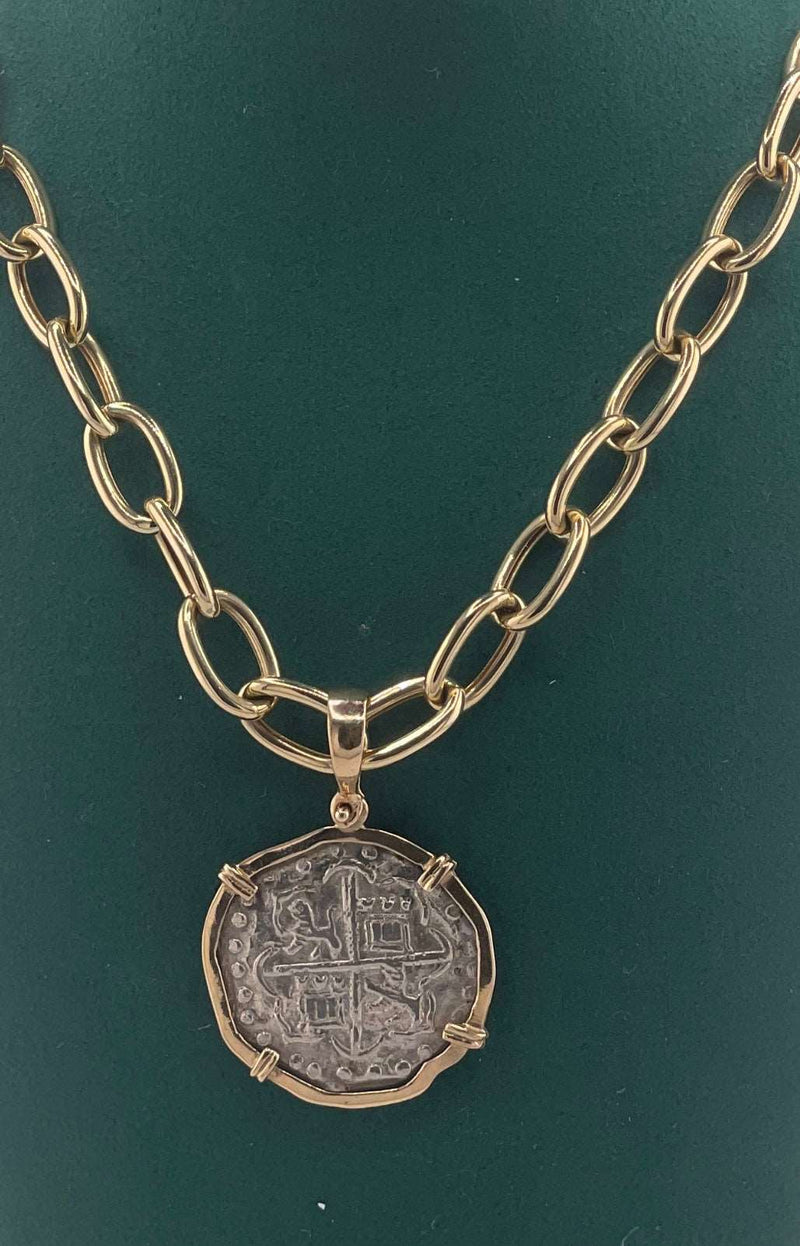 NUESTRA SENORA DE ATOCHA SILVER COIN PENDANT IN 14KT SOLID GOLD BEZEL WITH 14K REAL GOLD CHAIN 18” LONG