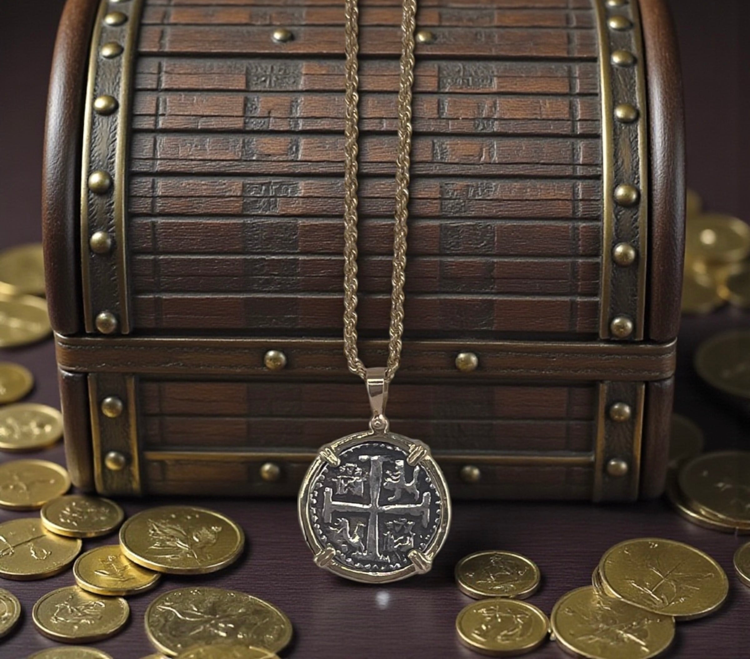 NUESTRA SENORA DE ATOCHA SILVER COIN PENDANT IN 14KT GOLD BEZEL