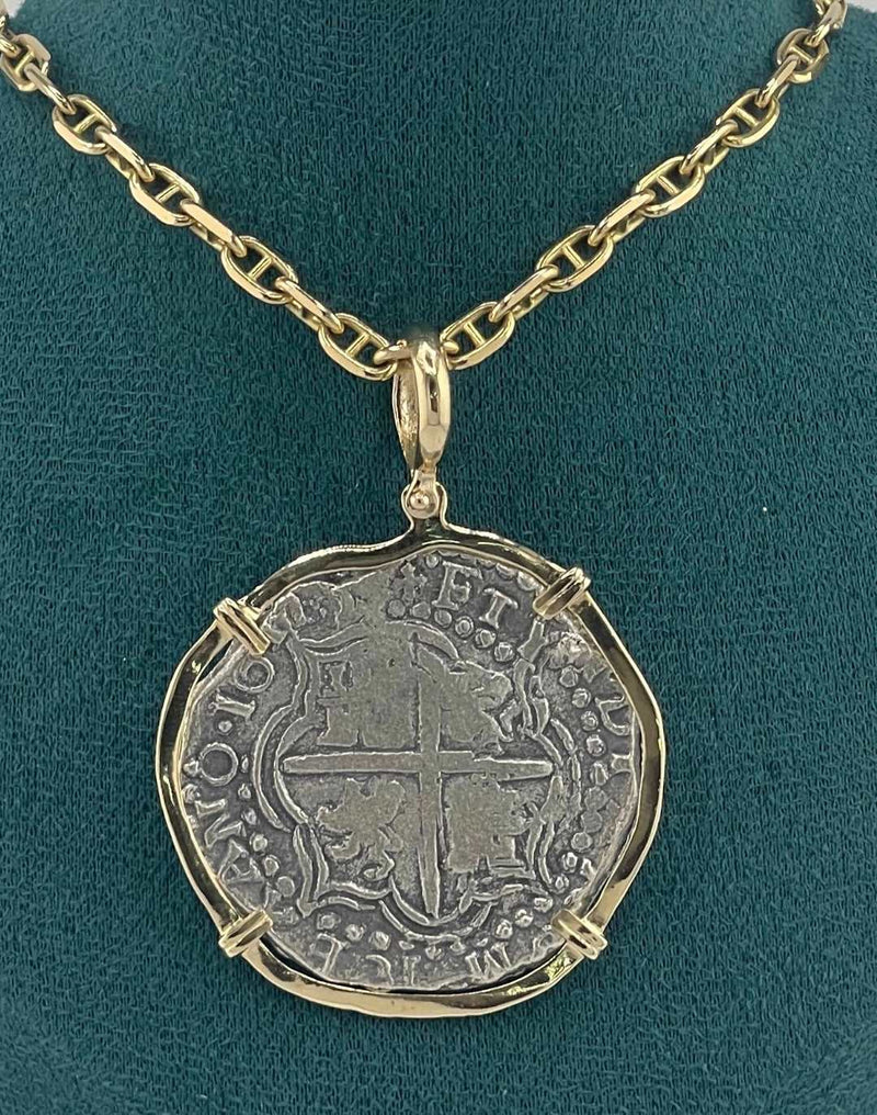 NUESTRA SENORA DE ATOCHA SOLID LARGE SIZE SILVER COIN PENDANT IN 14KT SOLID GOLD BEZEL