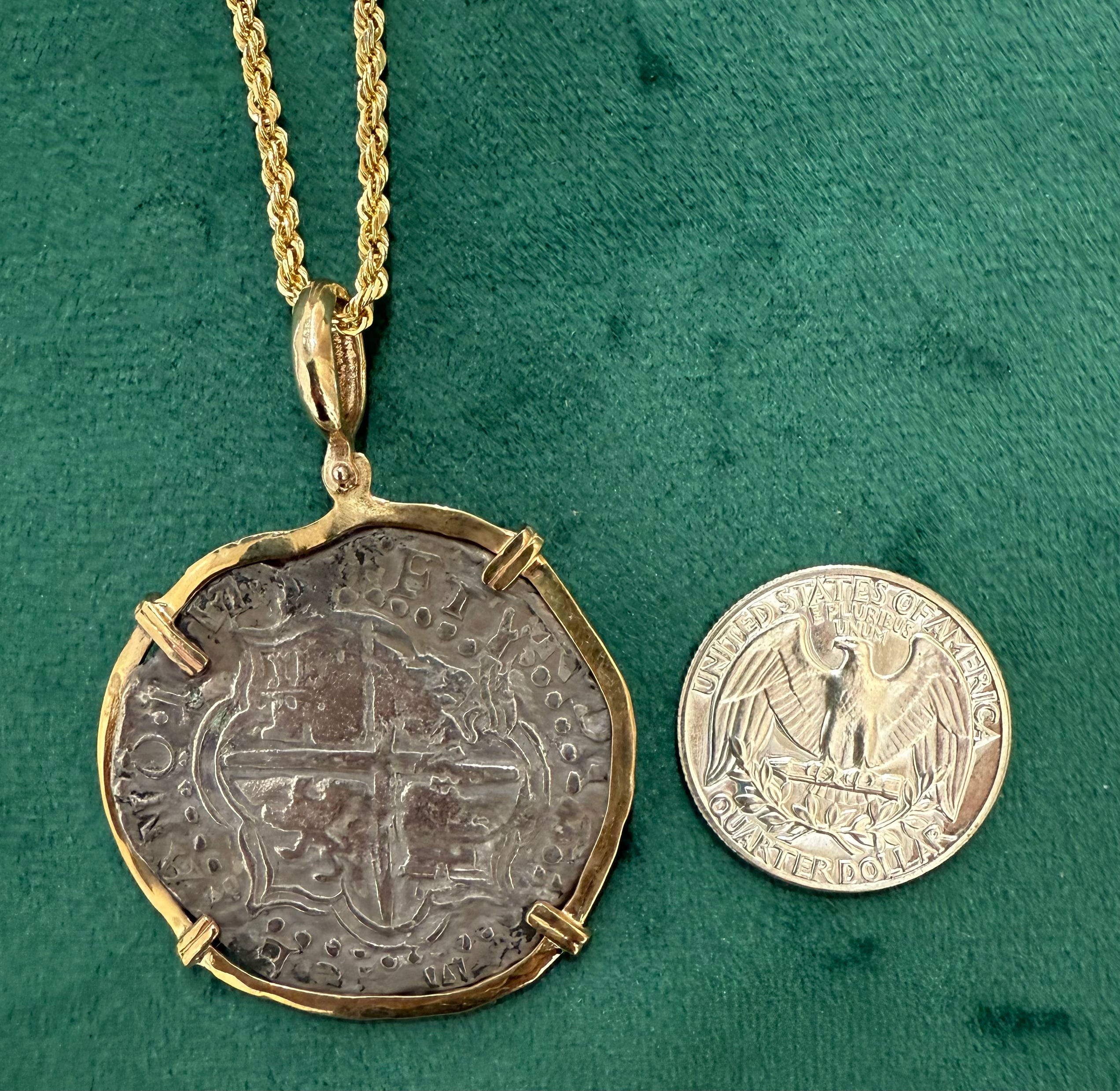 ATOCHA SOLID LARGE SIZE SILVER COIN PENDANT IN 14KT SOLID GOLD BEZEL