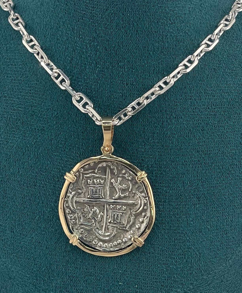 NUESTRA SENORA DE ATOCHA SOLID SILVER COIN PENDANT IN 14KT SOLID GOLD BEZEL