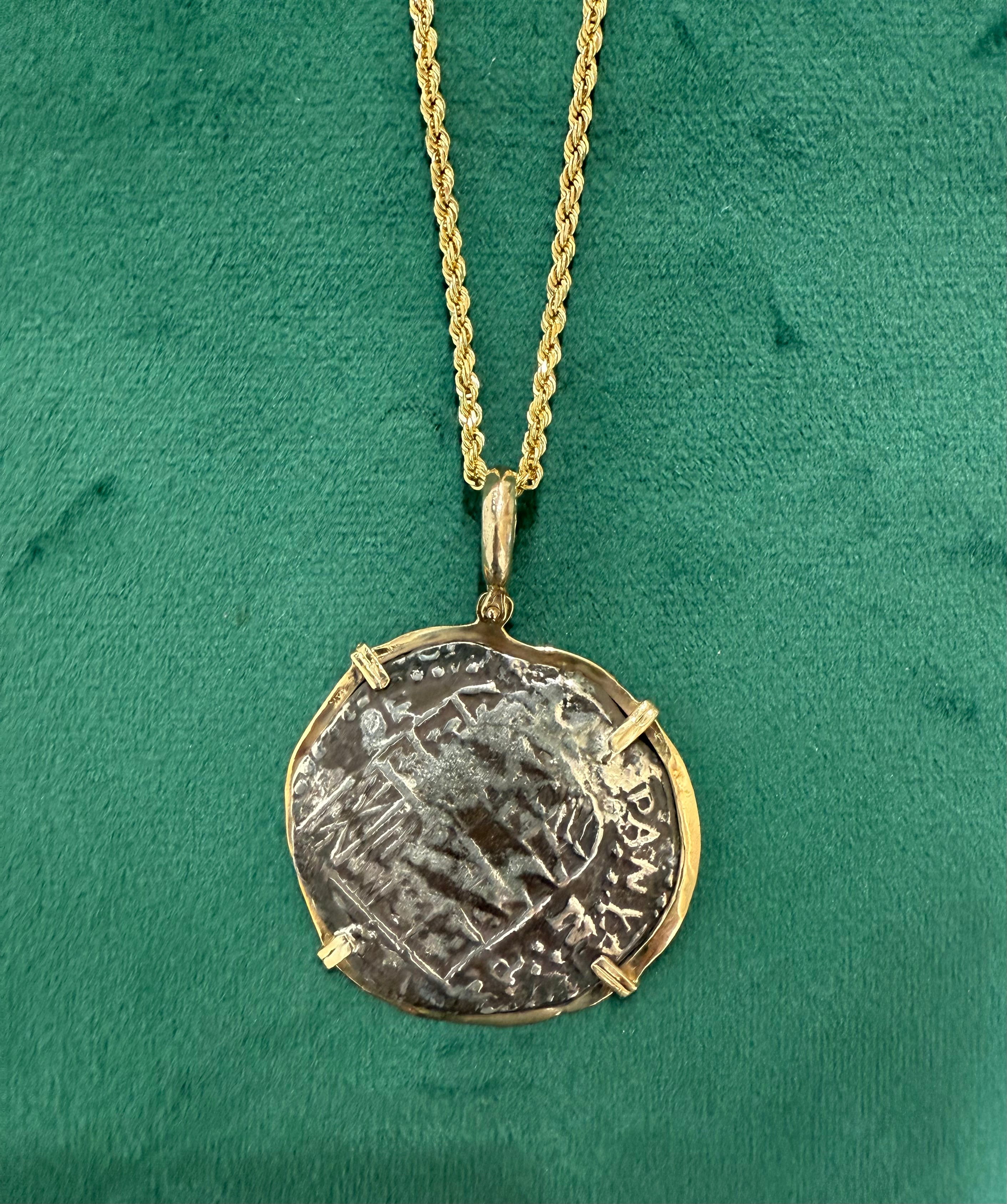 ATOCHA SOLID LARGE SIZE SILVER COIN PENDANT IN 14KT SOLID GOLD BEZEL