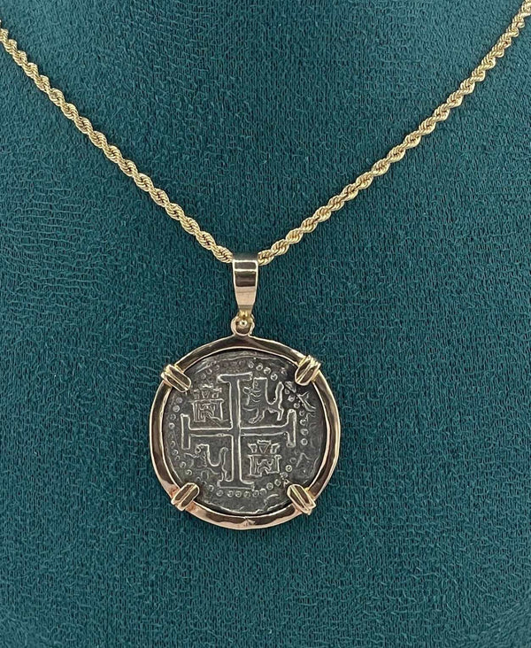 NUESTRA SENORA DE ATOCHA SILVER COIN PENDANT IN 14KT SOLID GOLD BEZEL