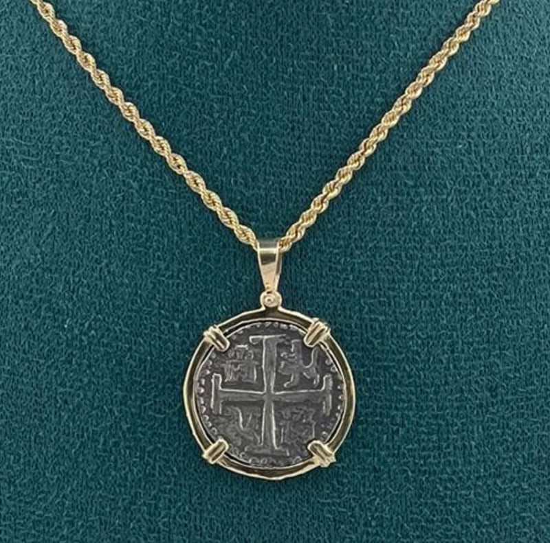 NUESTRA SENORA DE ATOCHA SILVER COIN PENDANT IN 14KT GOLD BEZEL