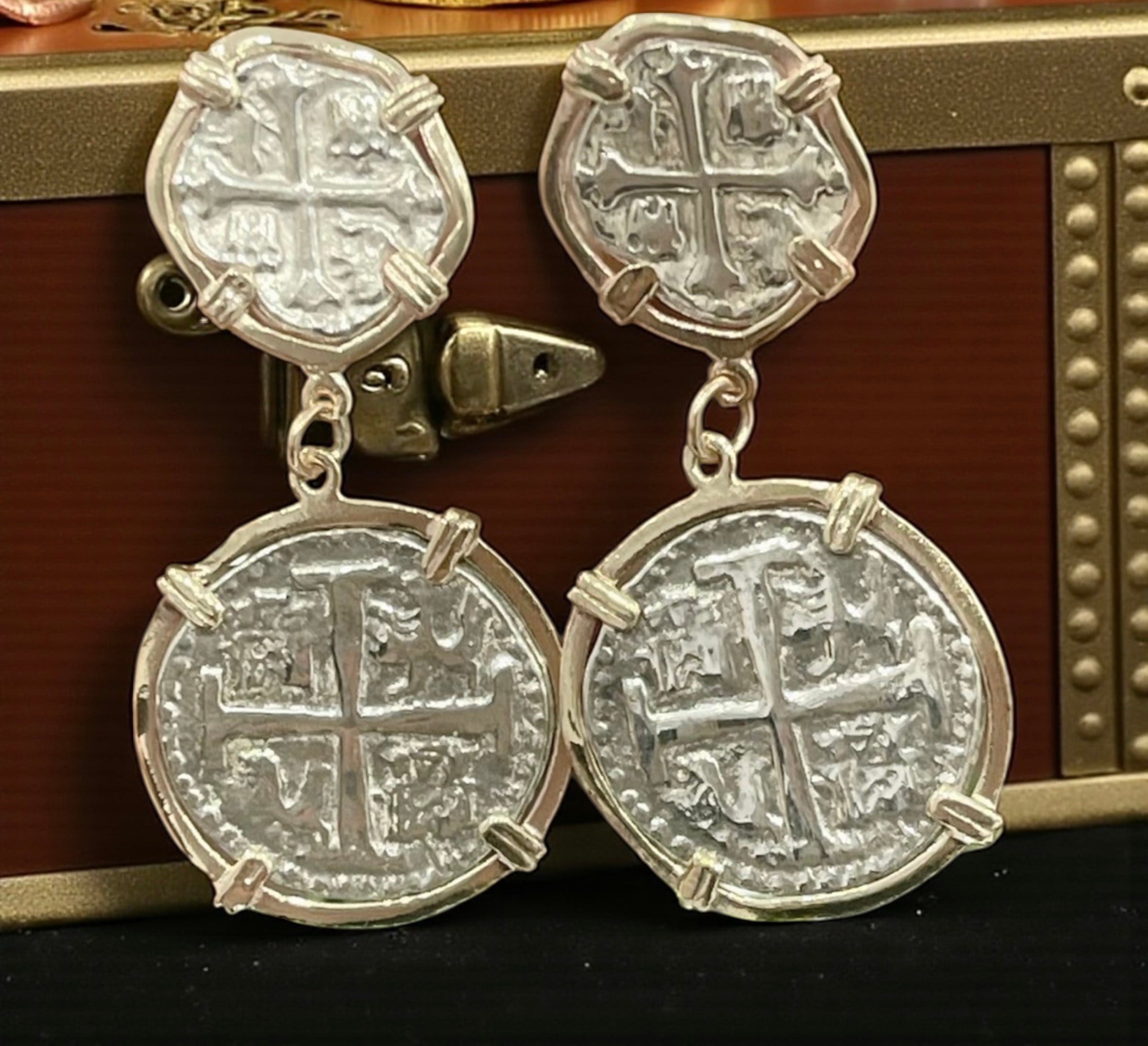 ATOCHA SILVER COIN STUD DANGLE EARRINGS IN 14k GOLD BEZEL