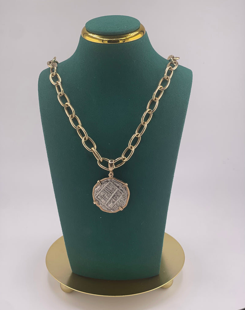 NUESTRA SENORA DE ATOCHA SILVER COIN PENDANT IN 14KT SOLID GOLD BEZEL WITH 14K REAL GOLD CHAIN 18” LONG