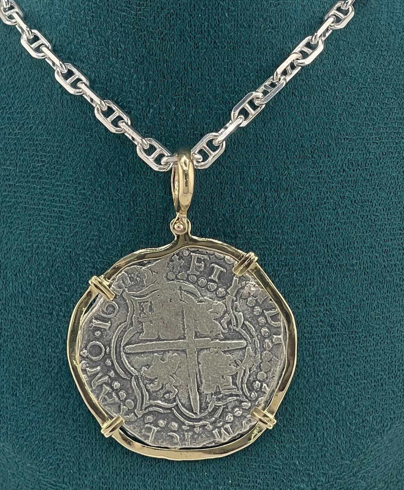 NUESTRA SENORA DE ATOCHA SOLID LARGE SIZE SILVER COIN PENDANT IN 14KT SOLID GOLD BEZEL