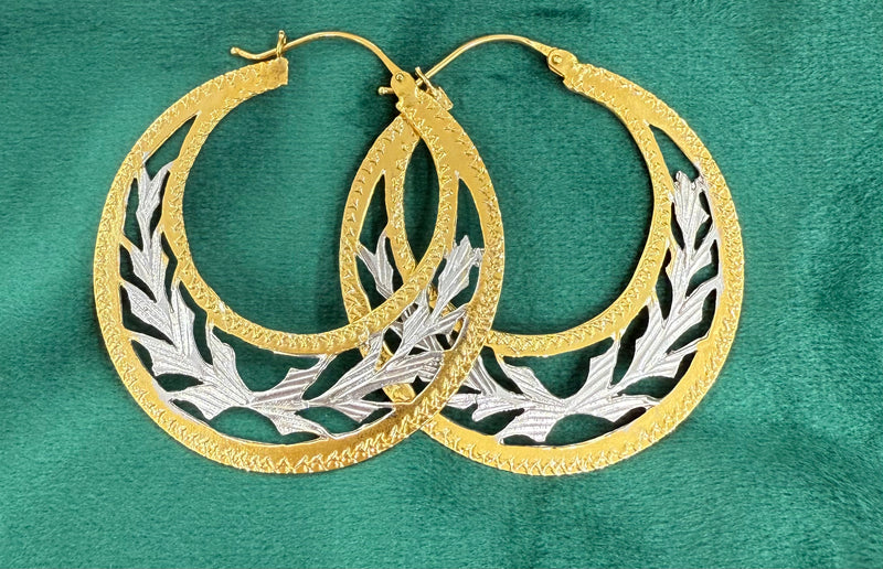 14K REAL GOLD HANDMADE JUMBO CUBAN HOOP EARRINGS TWO TONE