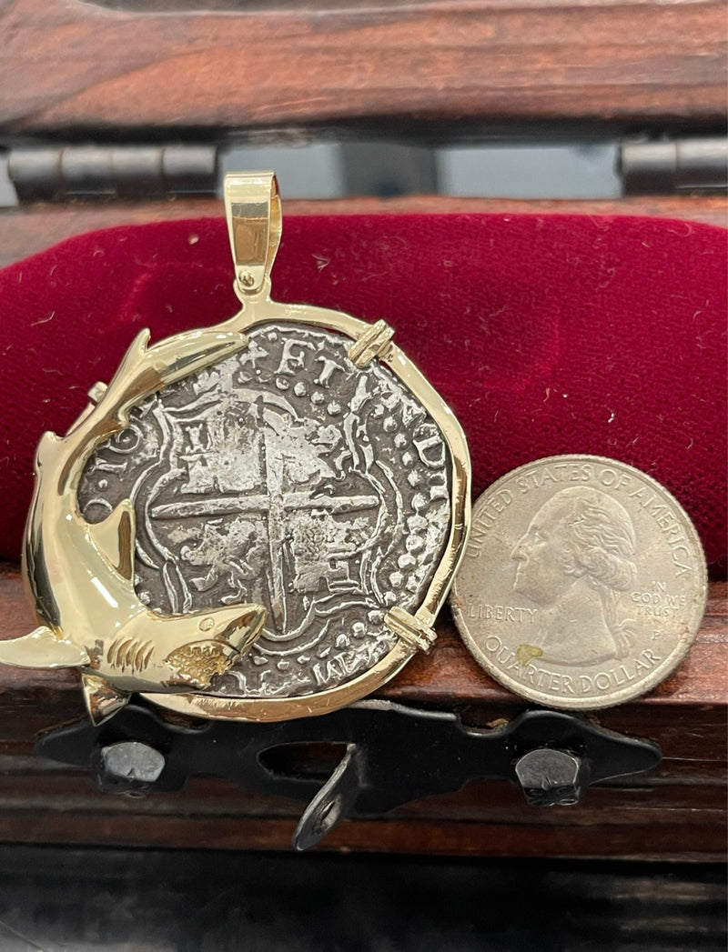 NUESTRA SENORA DE ATOCHA SOLID LARGE SILVER COIN PENDANT IN 14KT SOLID REAL GOLD FISH BEZEL