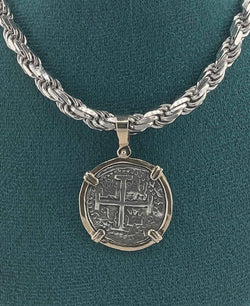 NUESTRA SENORA DE ATOCHA  SILVER COIN PENDANT IN 14KT GOLD BEZEL