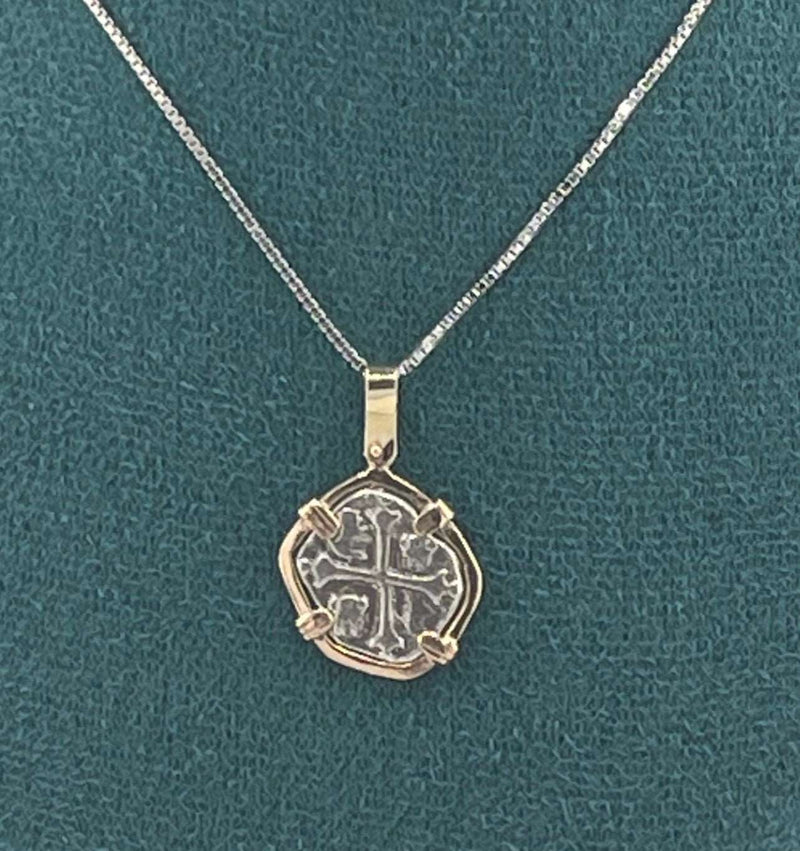 NUESTRA SENORA DE ATOCHA MINI SILVER COIN PENDANT IN 14KT GOLD BEZEL